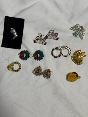 Holiday Earring and Pin Lot - Snowmen, Wreaths, Angels, Santa
